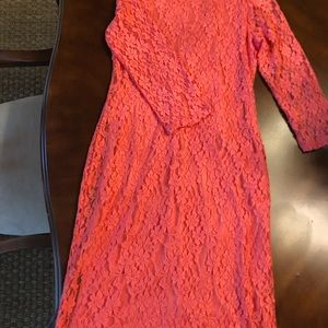 Neiman Marcus Lace 3/4 sleeve dress. Coral, size 6